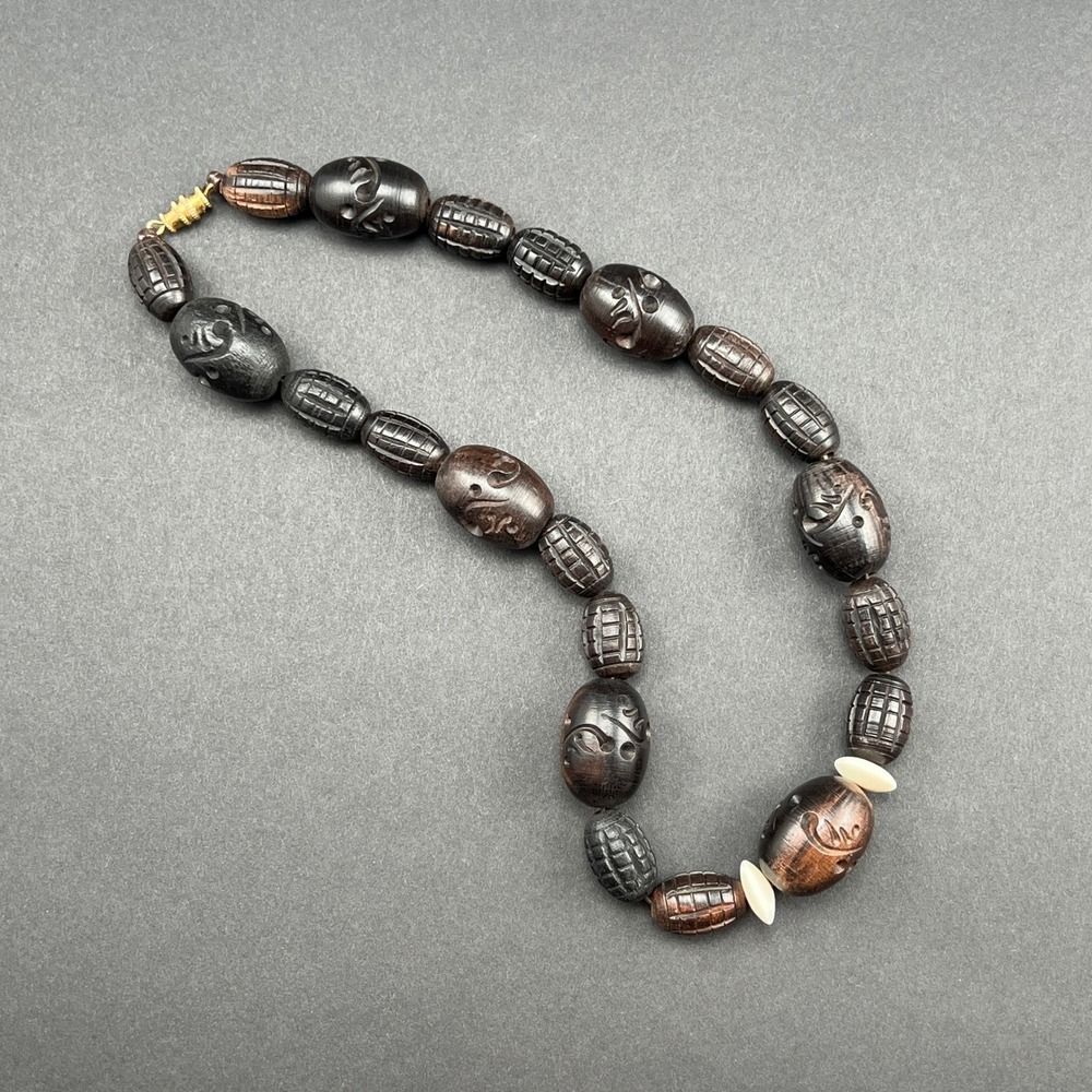 Vintage Beaded Necklace Hand Carved Wood Brown Tribal Boho 17" - Picture 6 of 9